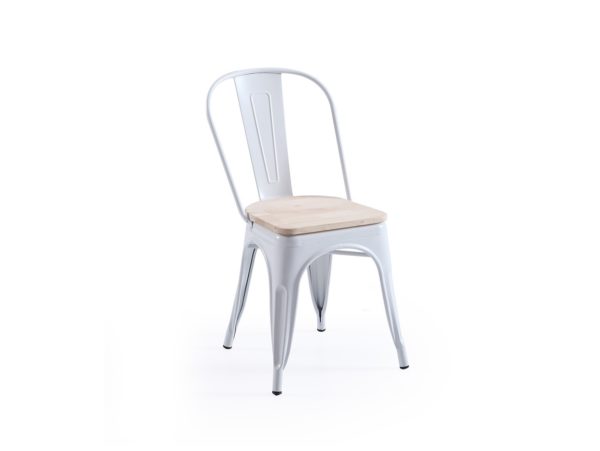pack 4 sillas vintage de chapa de acero color blanco y asiento de madera de roble