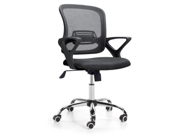 silla de oficina giratoria elevable con refuerzo lumbar y ruedas antirayas color negro