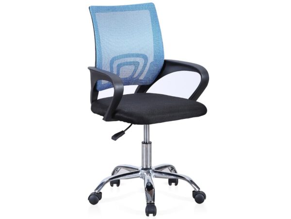 silla de oficina giratoria elevable y con refuerzo lumbar color negro azul